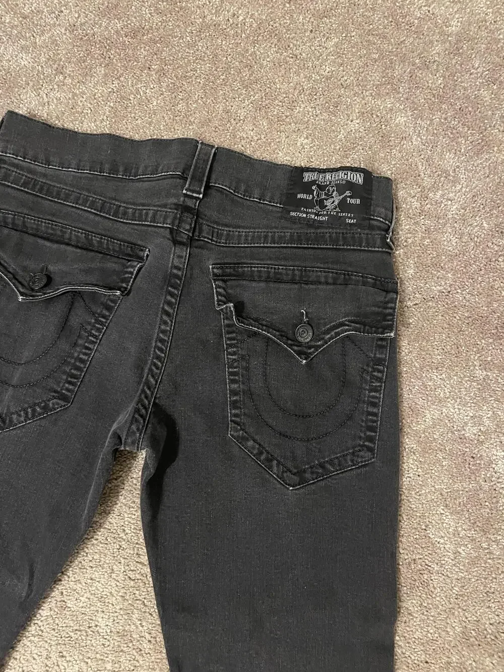 True Religion Jeans Mens 34x32 Black Section Straight Stretch Denim Flap Pockets